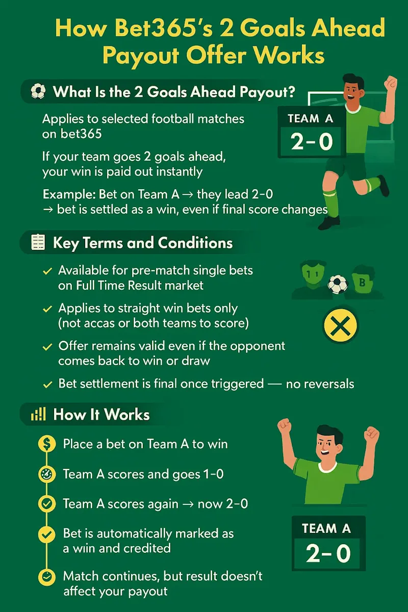 how does bet365s 2 goals ahead payout offer works infographic