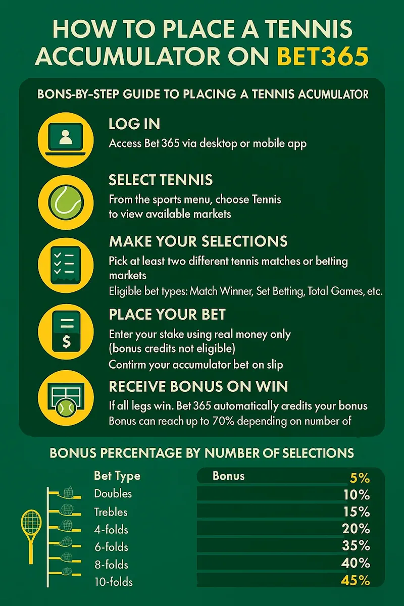 How to Place a tennis accumulator on Bet365 infographic