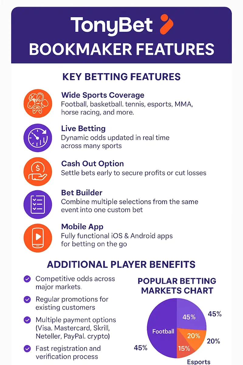 TonyBet Bookmaker Features infographic