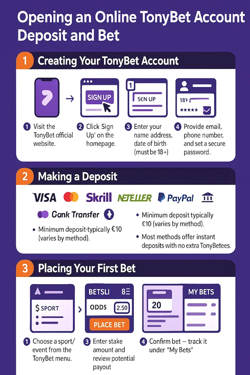 pening An Online TonyBet Account, Deposit And Bet infographic