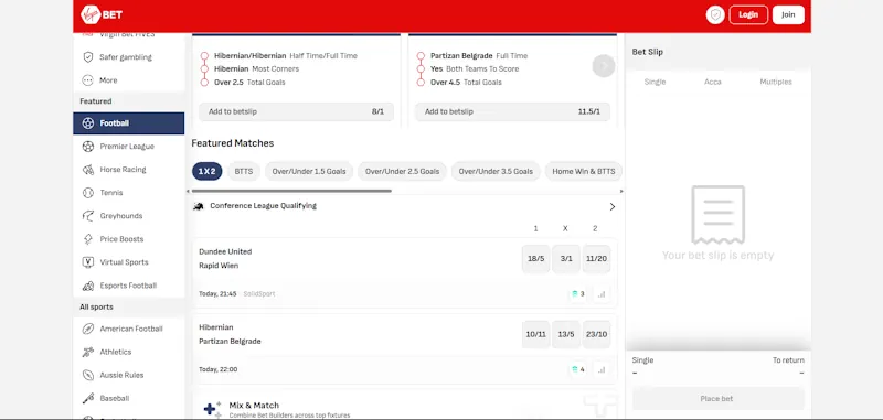 VirginBet Bookmaker Features screenshot