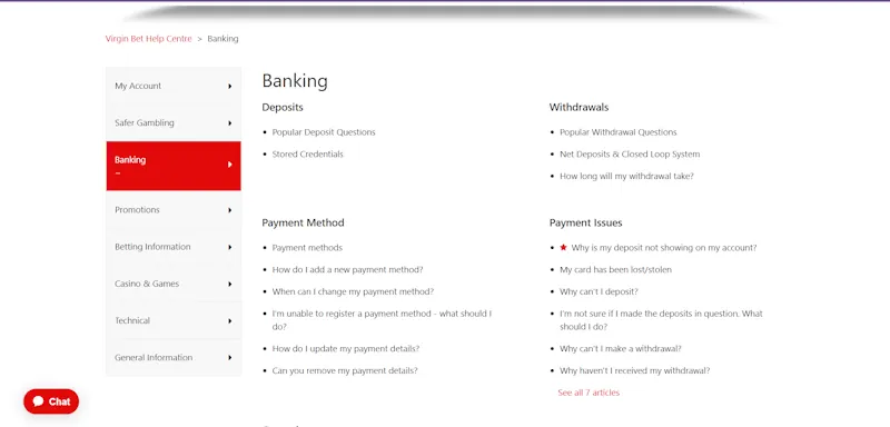 Virgin Bet Banking Options screenshot